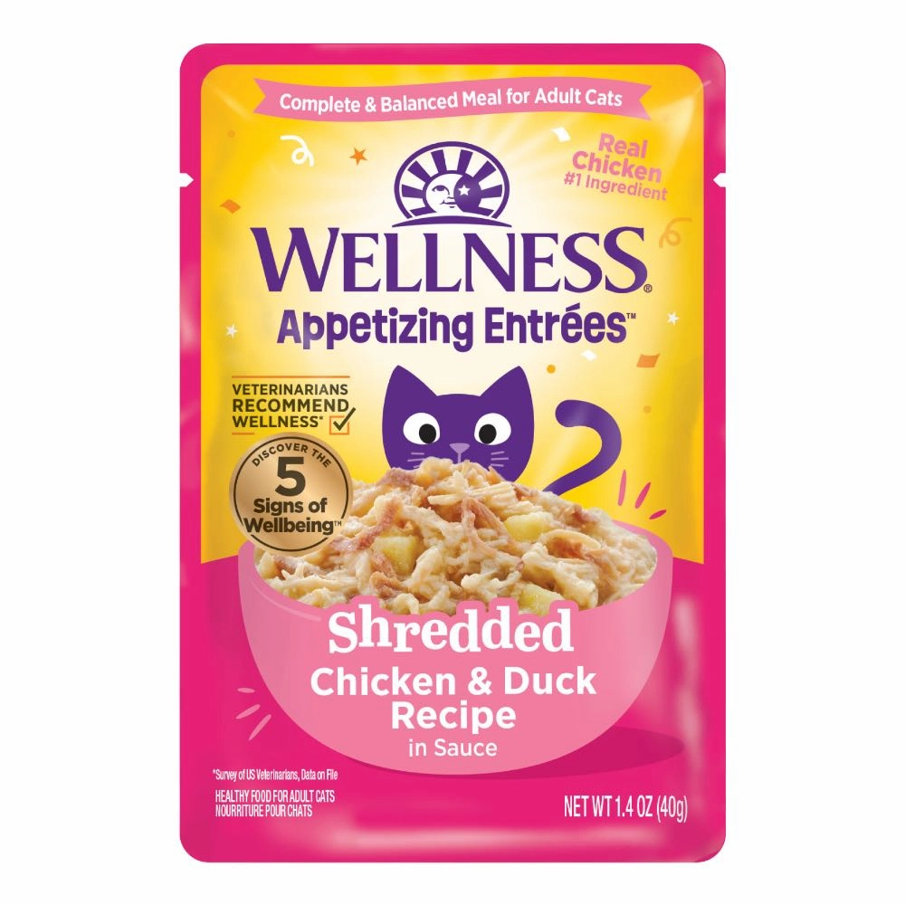 Wellness Appetizing Entrees Shredded Chicken & Duck Adult Pouch Cat Food 1.4oz cat snacks catnip treats healthy cat food cat reward treats low calorie cat food