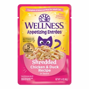 Wellness Appetizing Entrees Shredded Chicken & Duck Adult Pouch Cat Food 1.4oz cat snacks catnip treats healthy cat food cat reward treats low calorie cat food