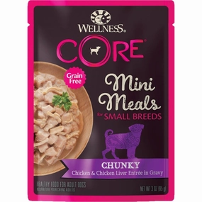Wellness CORE Mini Meals Chunky Chicken & Chicken Liver Entree In Gravy Grain-Free Pouch Dog Food 3oz dog supplies dog food toys accessories dog bed