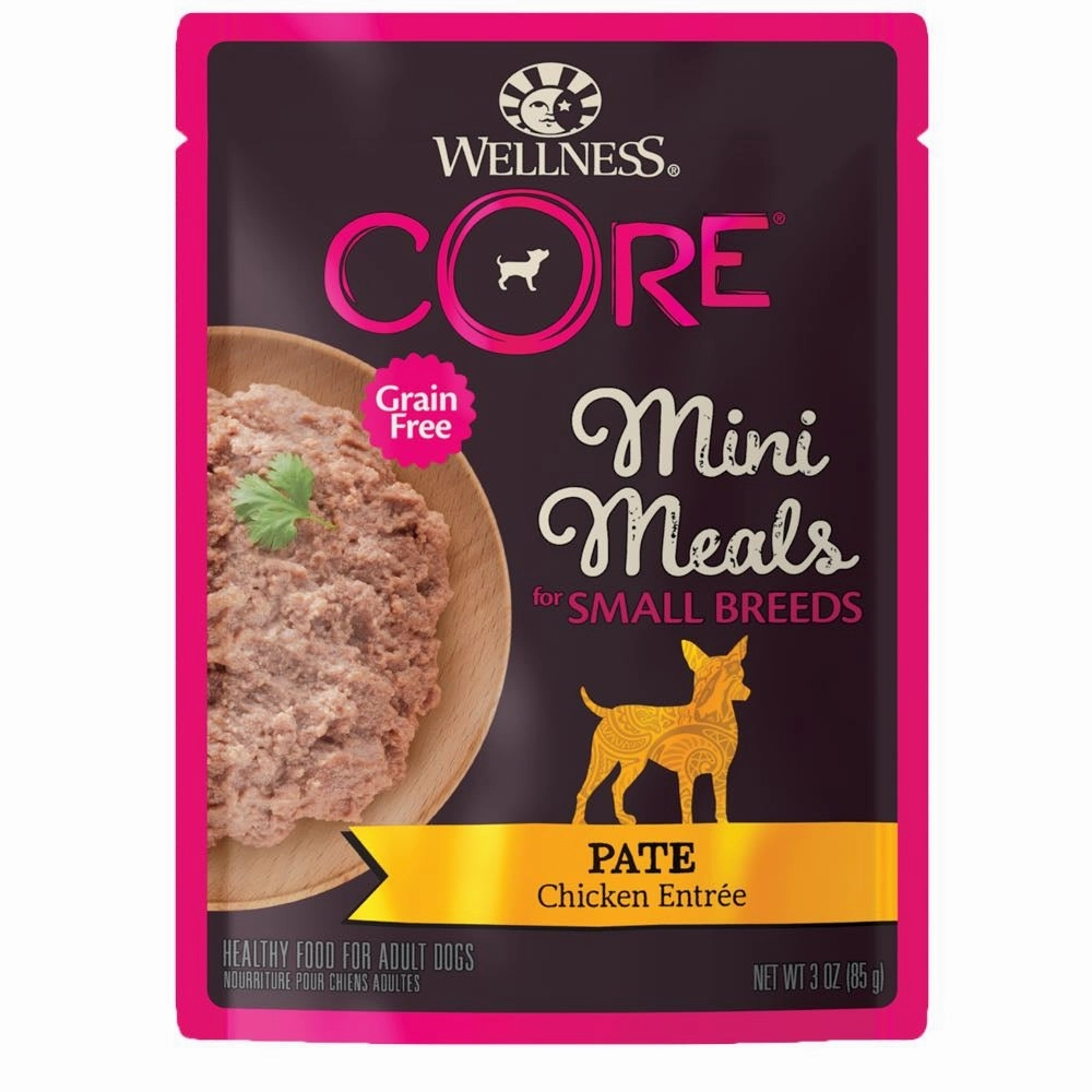 Wellness CORE Mini Meals Pate Chicken Entree Grain-Free Pouch Dog Food 3oz dog supplies dog food toys accessories dog bed