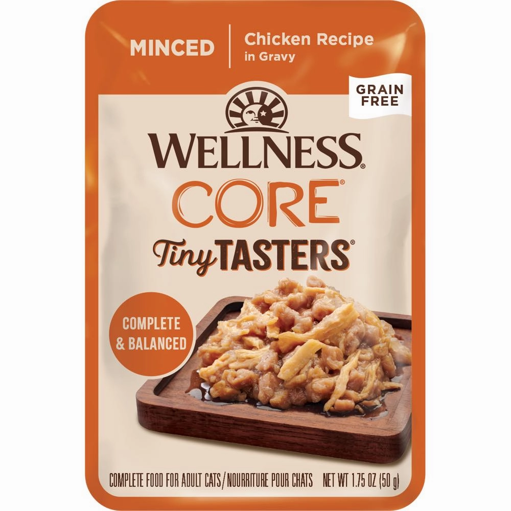 Wellness CORE Tiny Tasters Chicken Minced Grain-Free Adult Pouch Cat Food 1.75oz cat snacks catnip treats healthy cat food cat reward treats low calorie cat food