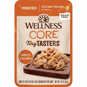 Wellness CORE Tiny Tasters Chicken Minced Grain-Free Adult Pouch Cat Food 1.75oz cat snacks catnip treats healthy cat food cat reward treats low calorie cat food
