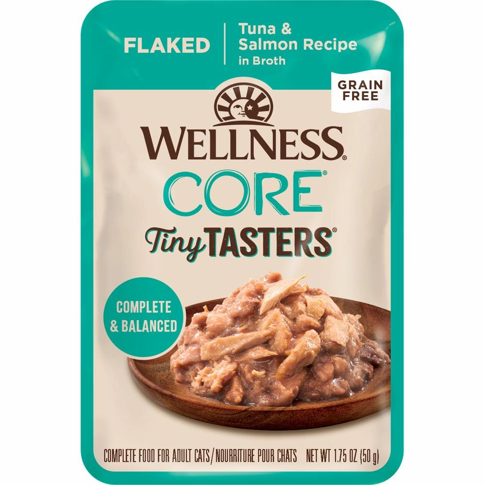 Wellness CORE Tiny Tasters Tuna & Salmon Flaked Grain-Free Adult Pouch Cat Food 1.75oz cat snacks catnip treats healthy cat food cat reward treats low calorie cat food