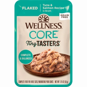 Wellness CORE Tiny Tasters Tuna & Salmon Flaked Grain-Free Adult Pouch Cat Food 1.75oz cat snacks catnip treats healthy cat food cat reward treats low calorie cat food