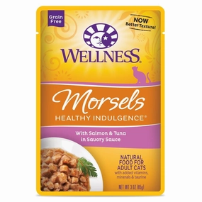 Wellness Healthy Indulgence Morsels Salmon & Tuna In Sauce Grain-Free Pouch Cat Food 3oz cat snacks catnip treats healthy cat food cat reward treats low calorie cat food